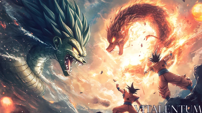 Two fighters confront twin elemental dragons amid explosive sky