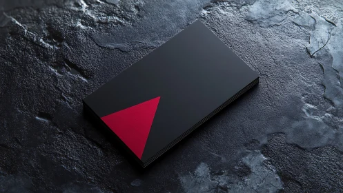 Matte black business card stack with red embossed triangle contrast