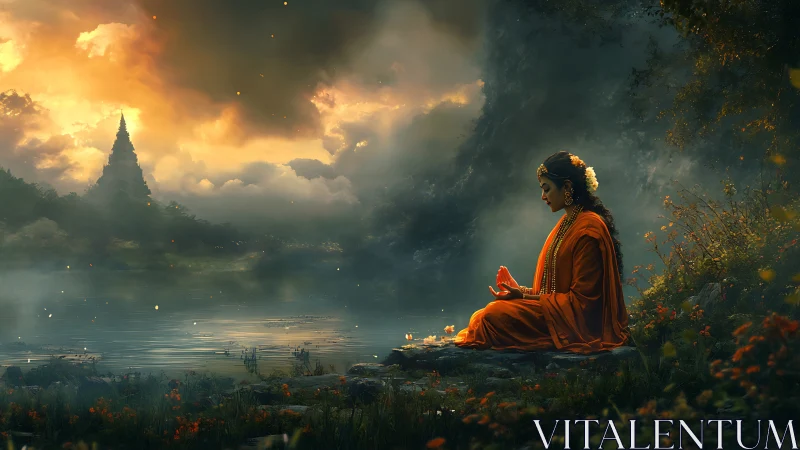 Sunset temple reverie by a lake of whispering stillness.