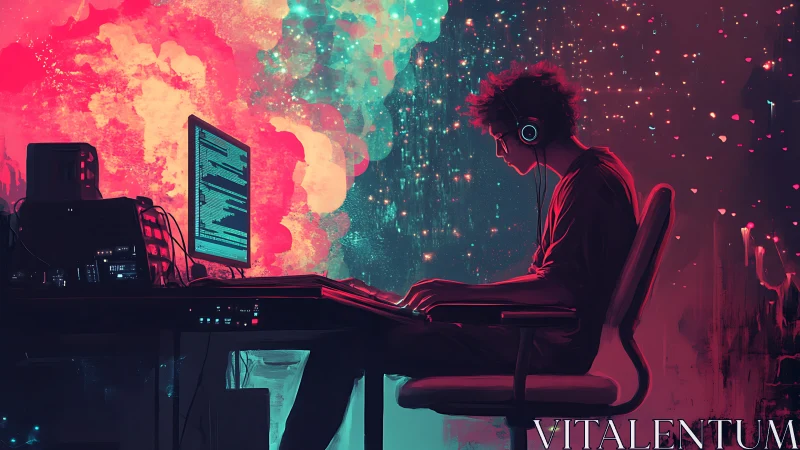 Midnight coder drifts through neon galaxies of data.