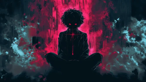 Dark psychic figure glows amid neon red and cyan mist.