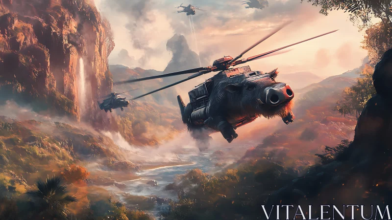 Hybrid rotorcraft resembling boar over river canyon landscape.