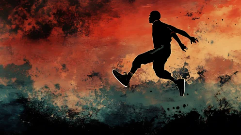 Silhouette runner leaps across fiery, abstract skyline.