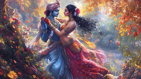 Two figures in ornate costumes amid flowering garden with golden light effects.