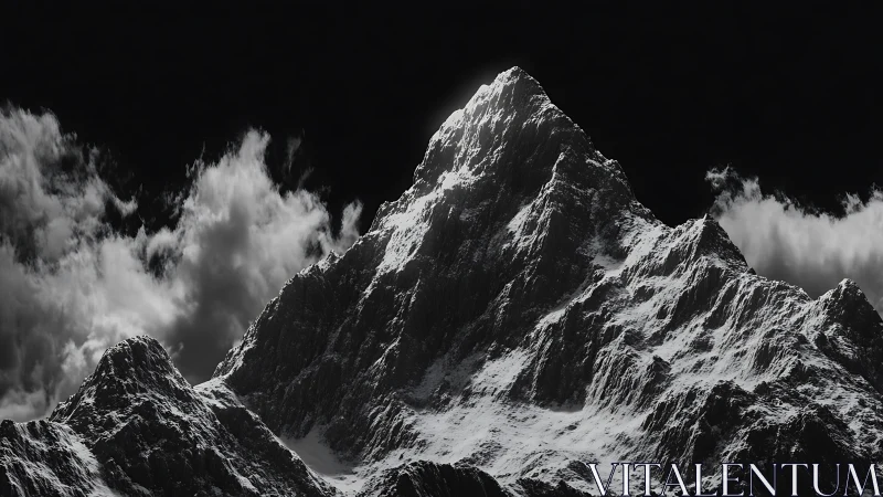 Moonlit summit rising through stormswept winter clouds.