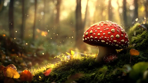 Sunlit fly agaric glows over mossy forest floor clearing