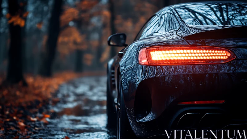 Rear LED tail lights of sports car glow on wet autumn forest road