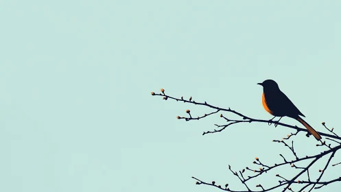 Minimalist bird silhouette on branch with soft pastel background.