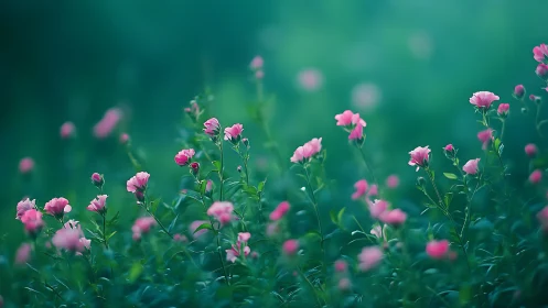 Whispering pink wildflowers drifting through teal morning haze.