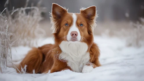 Blue-eyed border collie rests calmly in a quiet winter field