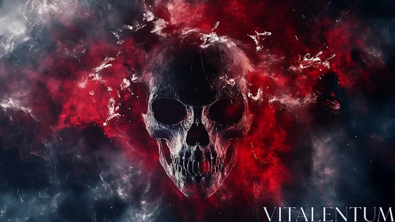 Digital painting skull suspended in red nebular vapor field.