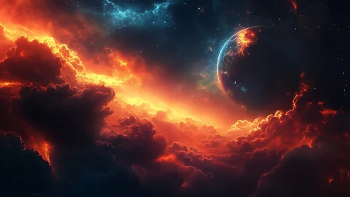 Burning nebula surrounds distant planet in vivid cosmic storm