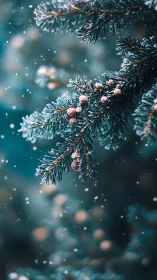 Snow dusted fir needles frame soft teal winter bokeh.