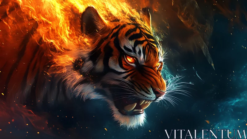 Digital rendering shows tiger head with integrated fire effects