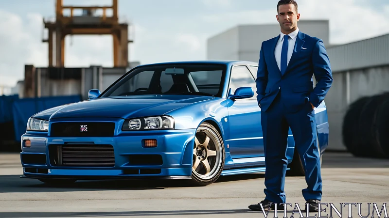 Businessman in blue suit stands beside tuned Nissan GT-R R34