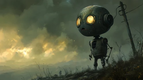 Lonely dusk-wanderer robot under storm-torn electric skies.