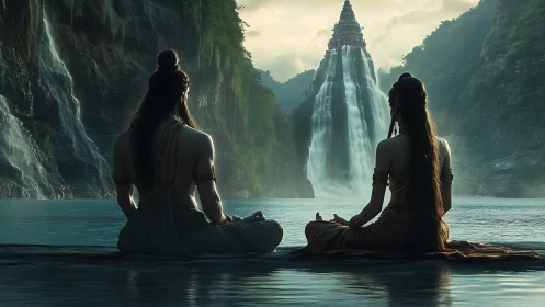 Two robed figures seated by waterfall and stepped tower.
