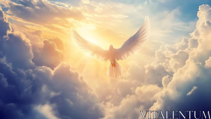 Majestic White Dove Soaring Into Radiant Sunlight, Surreal Art.