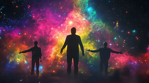 Silhouetted trio stand before radiant multicolored nebula sky