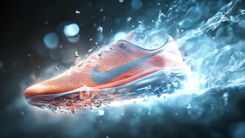 Orange running shoe slices through water in dynamic motion.