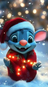 Tiny blue mischief-maker turns fairy lights into snow magic