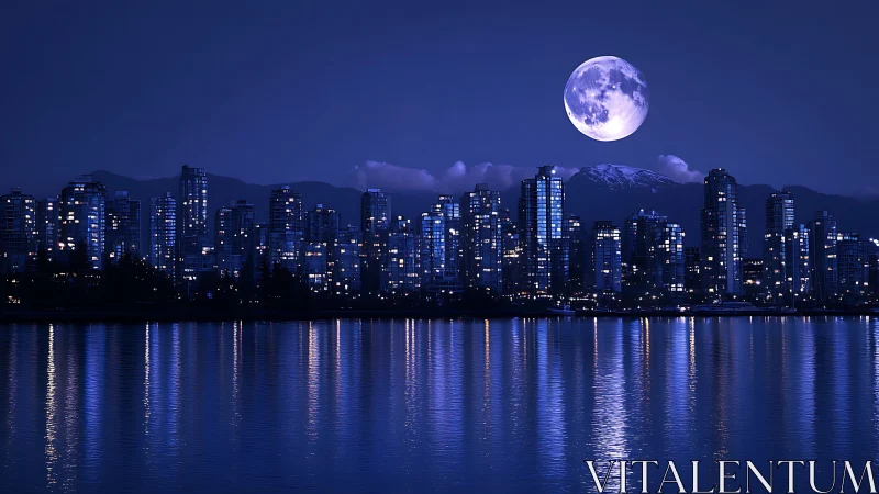 Moonlit city skyline glowing softly over calm blue water.