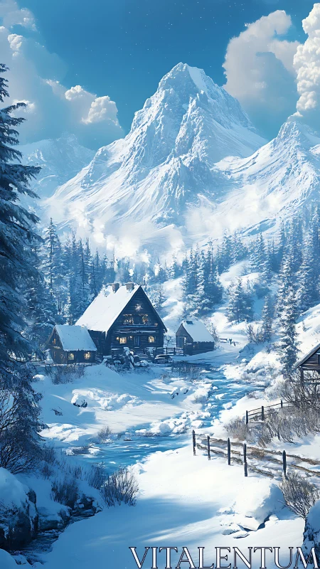 Alpine winter haven glows beside a glassy mountain stream.