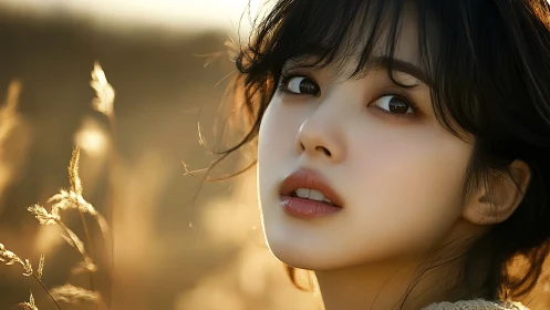 Golden hour close-up portrait in soft backlit grass field