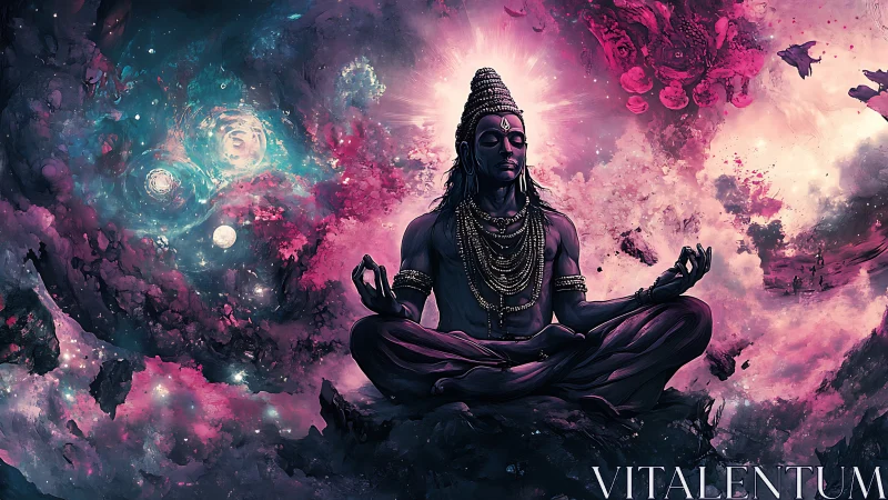 Cosmic yogi in lotus posture amid nebular astral vortex
