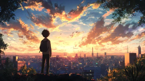 Backlit adolescent silhouette surveying volumetric sunset cityscape.