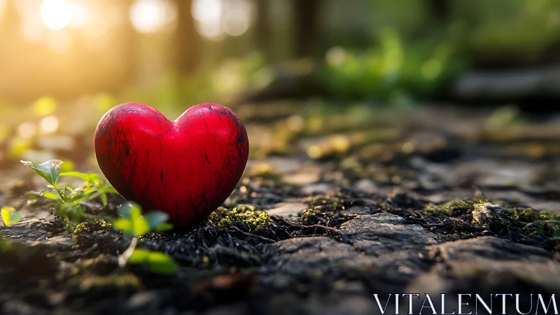Red heart-shaped object positioned on textured stone surface with vegetation