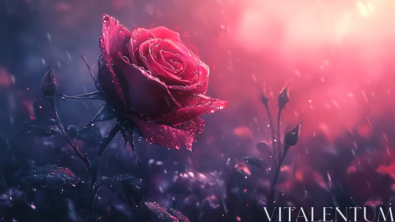 Red rose bloom with water droplets against bokeh background.