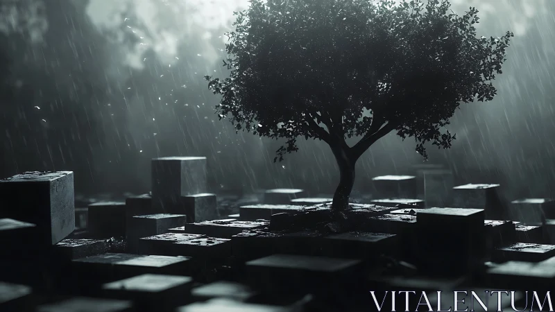 Rain-soaked lone tree defies a silent city of stone cubes.