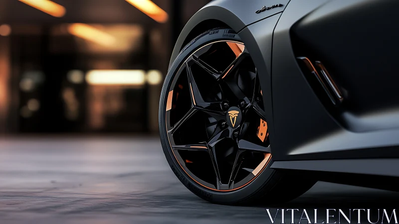 Sleek sports car wheel glows against an urban night backdrop