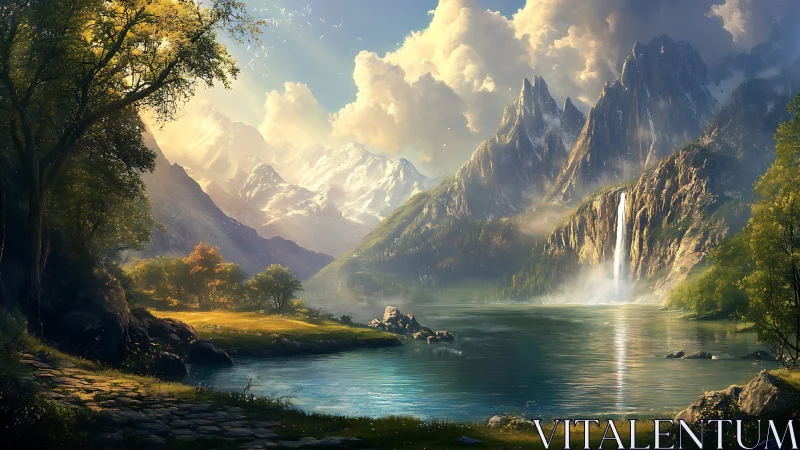 Atmospheric mountain lake vista with volumetric light and waterfall