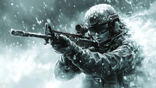 Soldier Braves the Storm with Rifle Ready