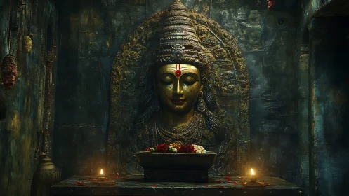 Gilded temple deity relief in candlelit stone sanctum.