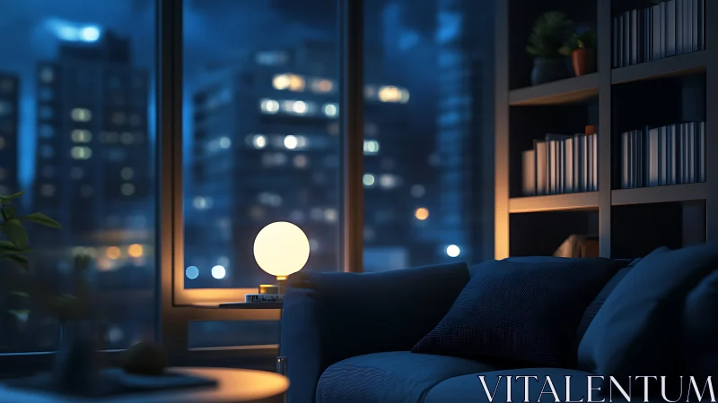 Interior night view shows lit globe lamp and blurred cityscape