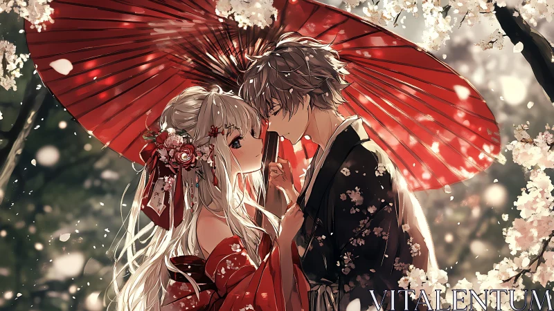 Lovers share a tender moment beneath cherry blossoms