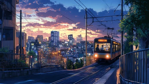 City tram climbs hillside under vivid twilight sky.