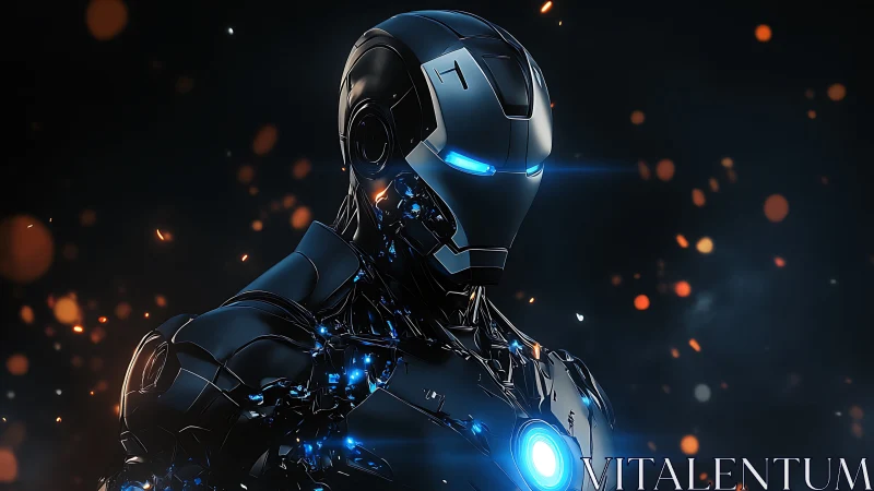 Futuristic combat android glows with blue energy in sparks