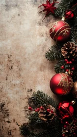 Vertical arrangement displays red ornaments and pine branches