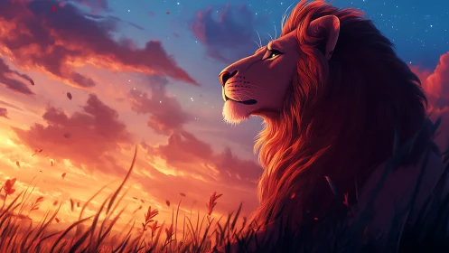 Digital painting of a regal lion portrait at sunset horizon.
