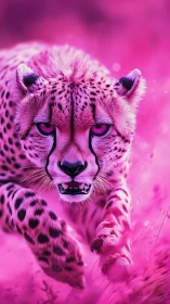 Magenta-toned cheetah face displaying aggressive posture.