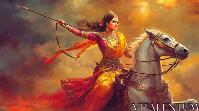 Warrior woman on white horse in bright orange haze.