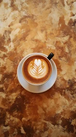 Top view shows latte art in white cup on textured table