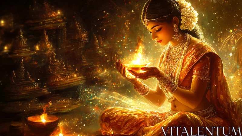 Digital goddess portrait with glowing diya in golden temple.