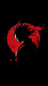 Fierce anime warrior silhouetted in a blazing red moon.