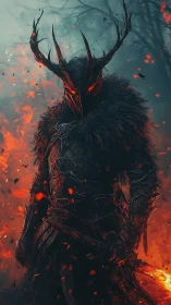 Dark horned fire knight stands amid burning forest.