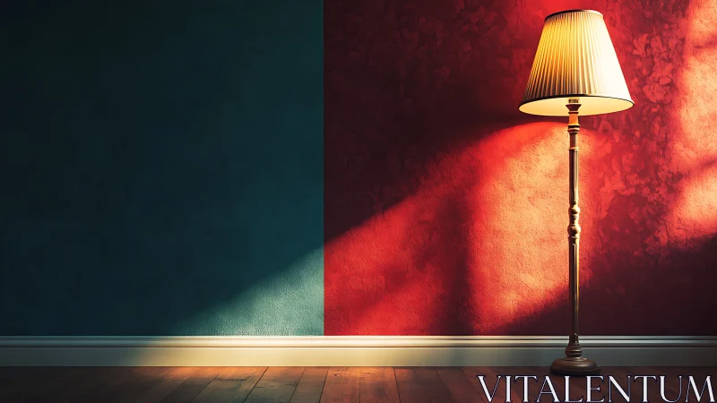 Split-tone interior wall with illuminated brass floor lamp.